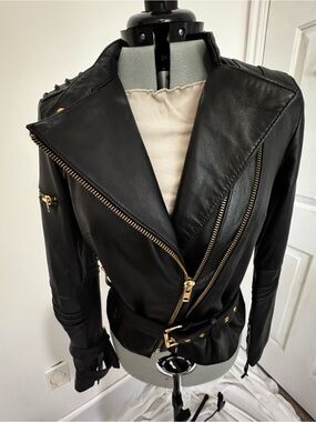 Moda International Black Leather Moto Jacket with Gold Hardware
